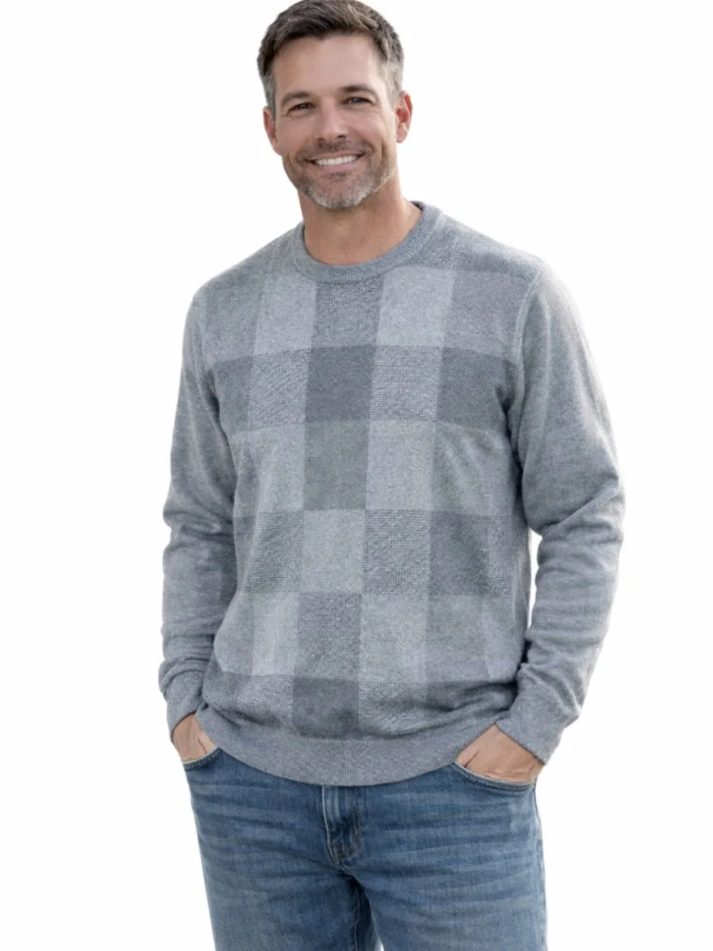 Van Heusen Gray Buffalo Check Cotton Sweater Men’s XL Crewneck Vintage